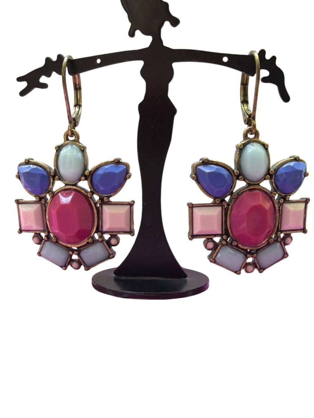Vintage Avon NRQ Leverback Earrings Antique Gold Blue Pink Rhinestones 1.75"